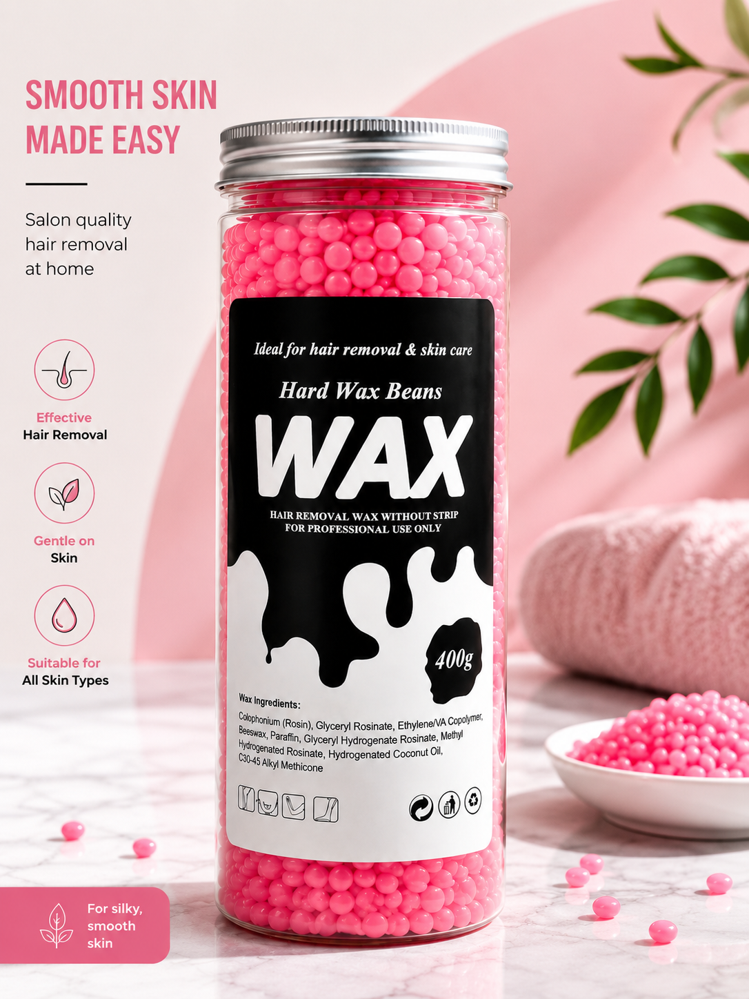 Hard Wax Beans 400g – Pink Strip-Free Hair Removal Wax Beads